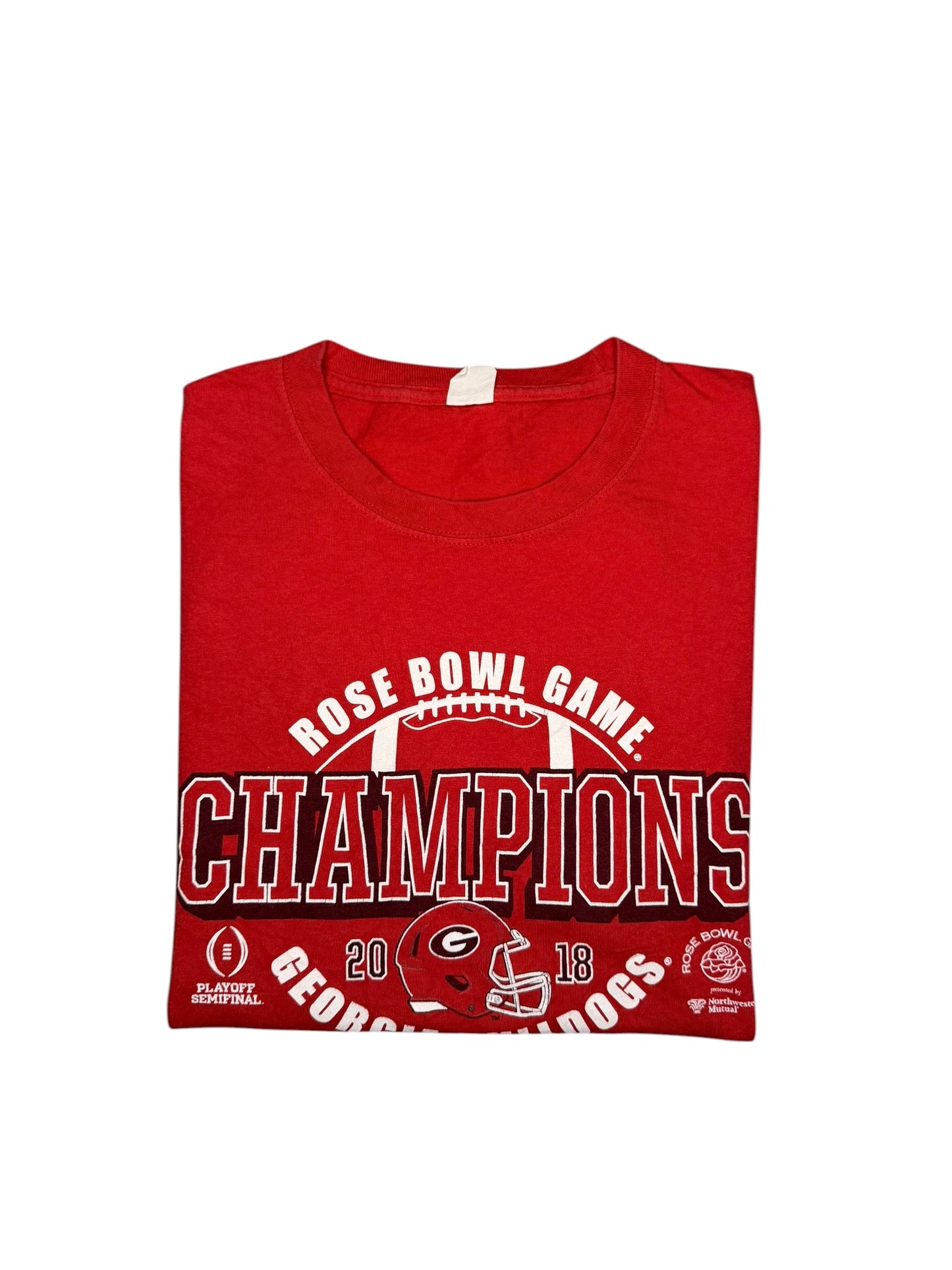 maglietta rossa dei Georgia Bulldogs che celebra la loro vittoria nel Rose Bowl Game del 2018