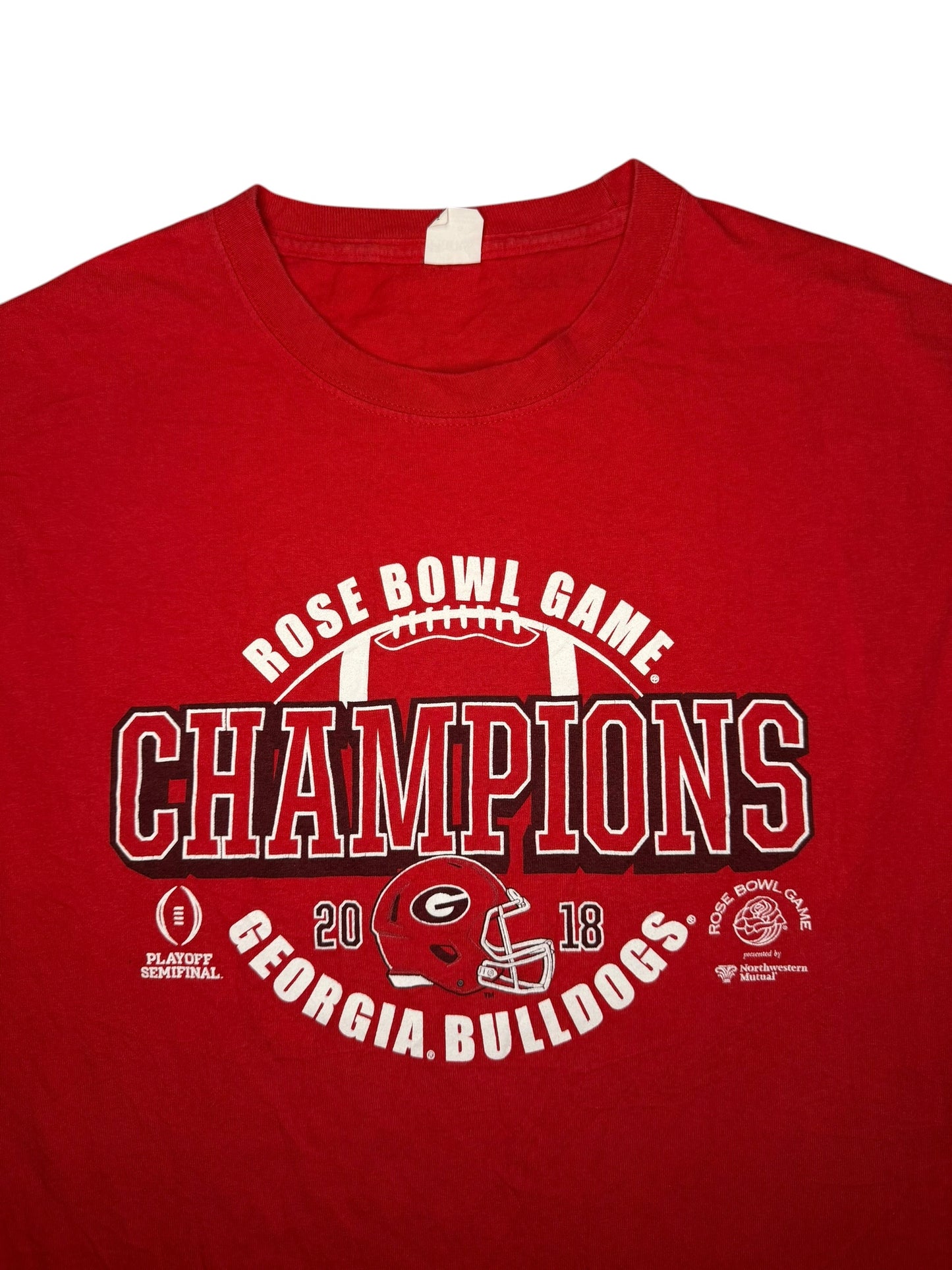 maglietta rossa dei Georgia Bulldogs che celebra la loro vittoria nel Rose Bowl Game del 2018